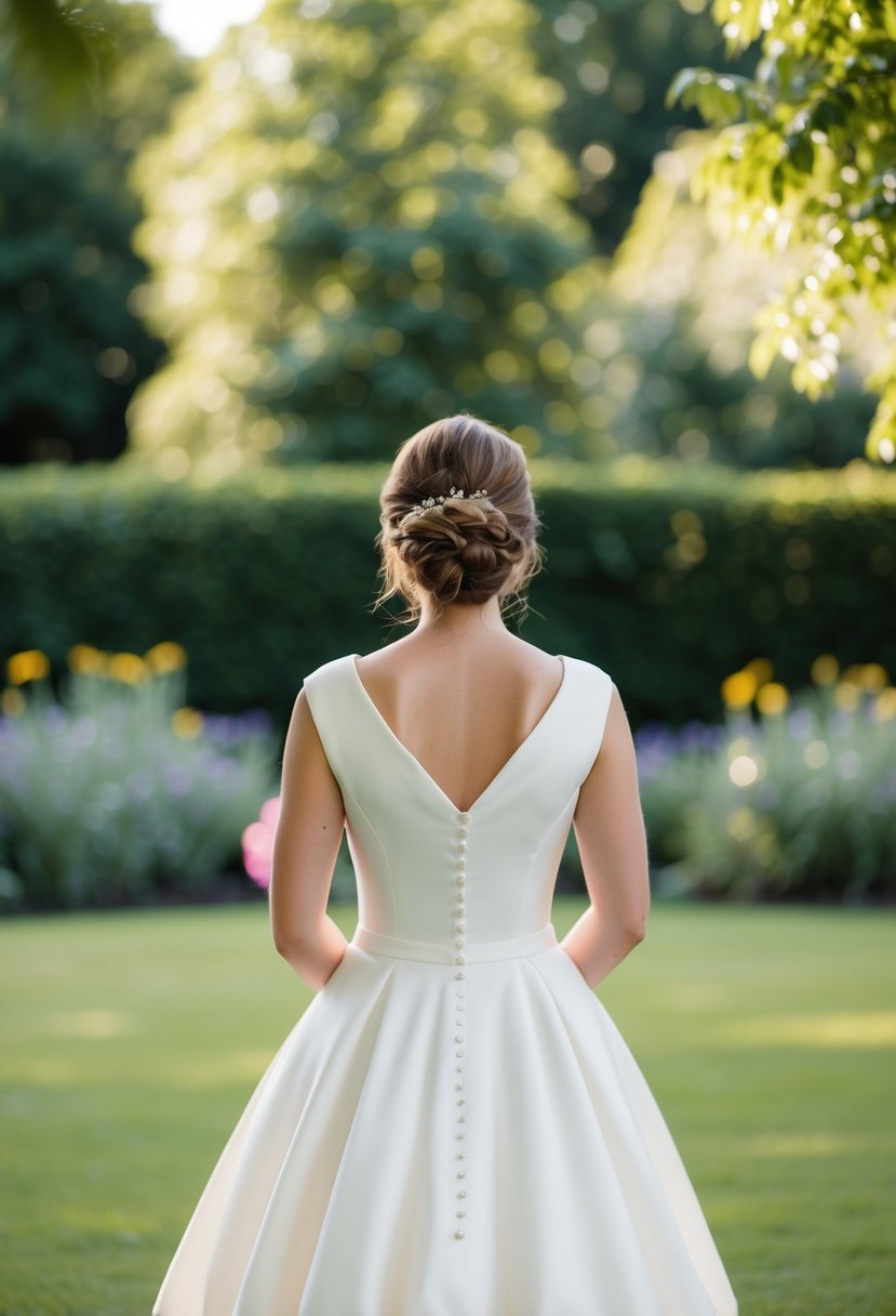 A modest wedding dress with button-back detailing, set against a serene garden backdrop