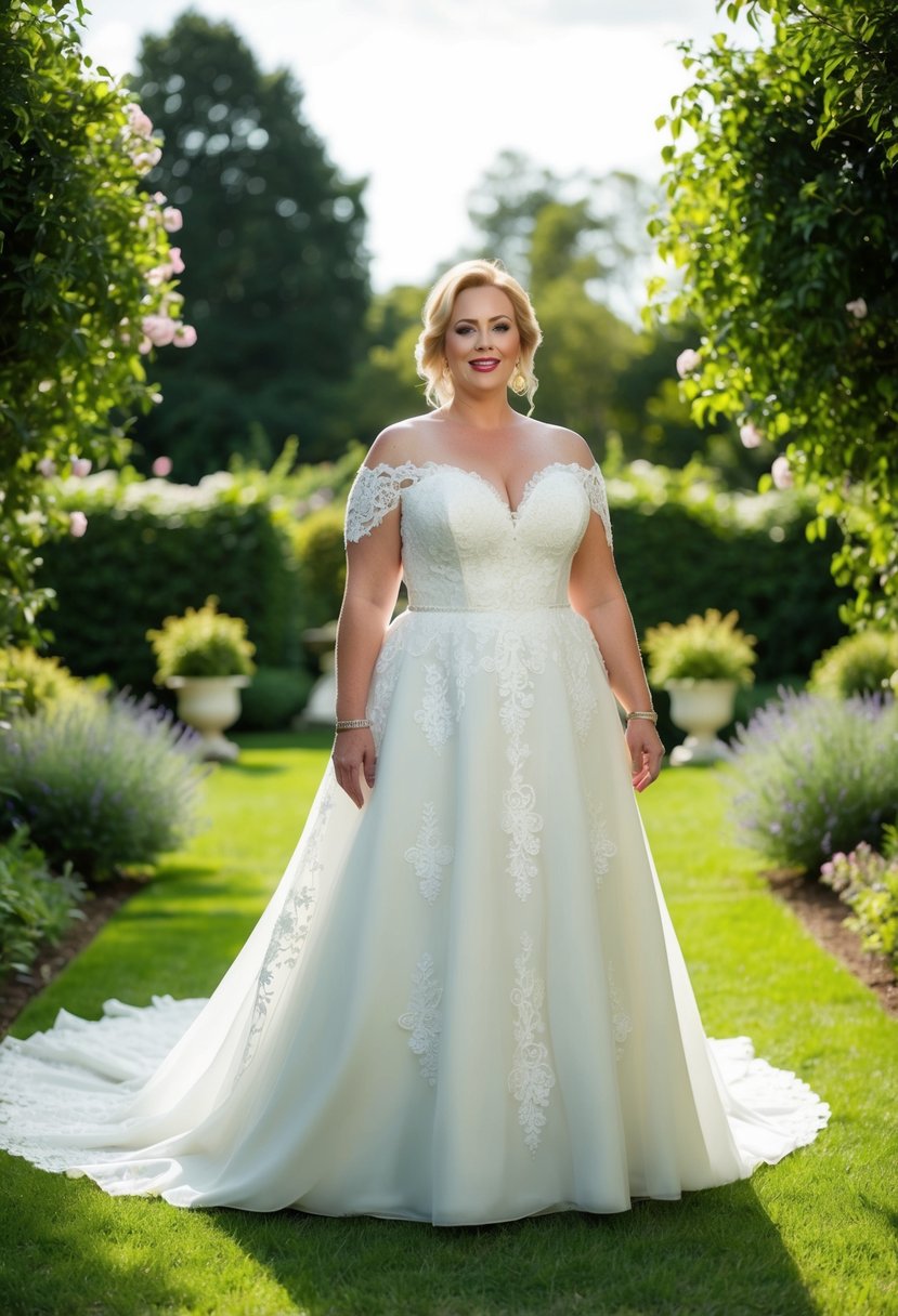 A curvy bride over 40 stands in a lush garden, wearing a romantic off-the-shoulder gown with intricate lace details and a flowing train