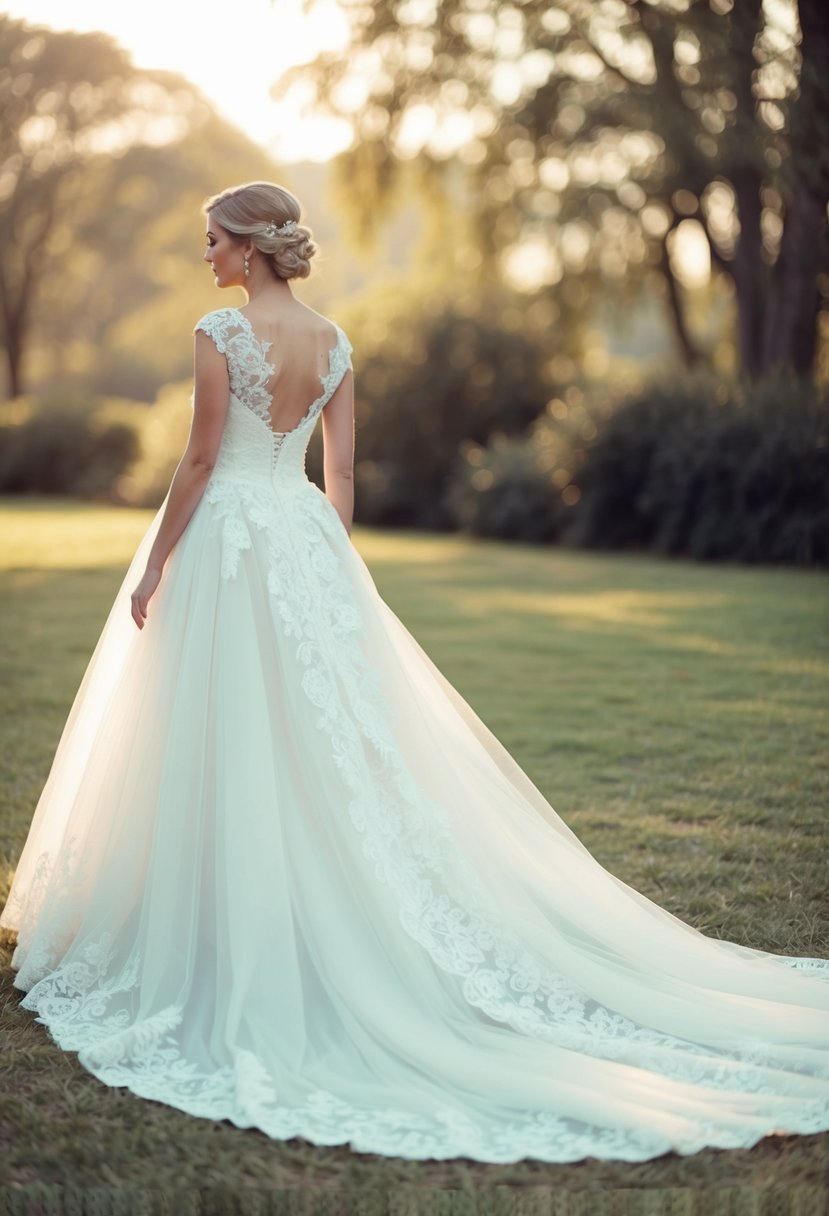 A flowing tulle and lace train billows behind a whimsical wedding dress, trailing delicately on the ground