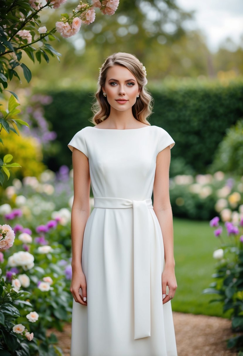 A bride stands in a garden, wearing a simple belted waist wedding dress with a modest silhouette, surrounded by blooming flowers and greenery