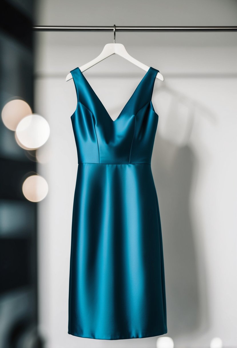 A sleek satin dress on a minimalist hanger, with clean lines and modern details