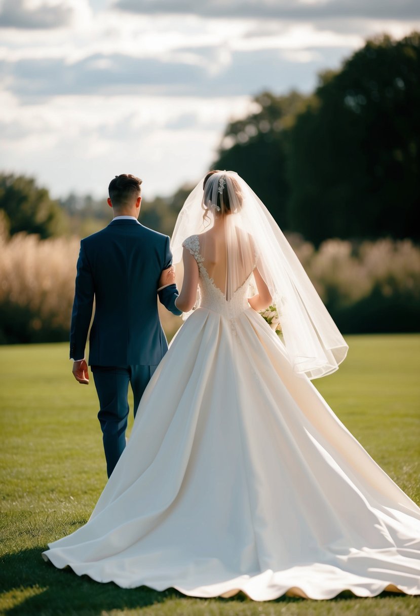 A bride in a flowing wedding dress adorned with a delicate veil. A regal long train billows out behind her.