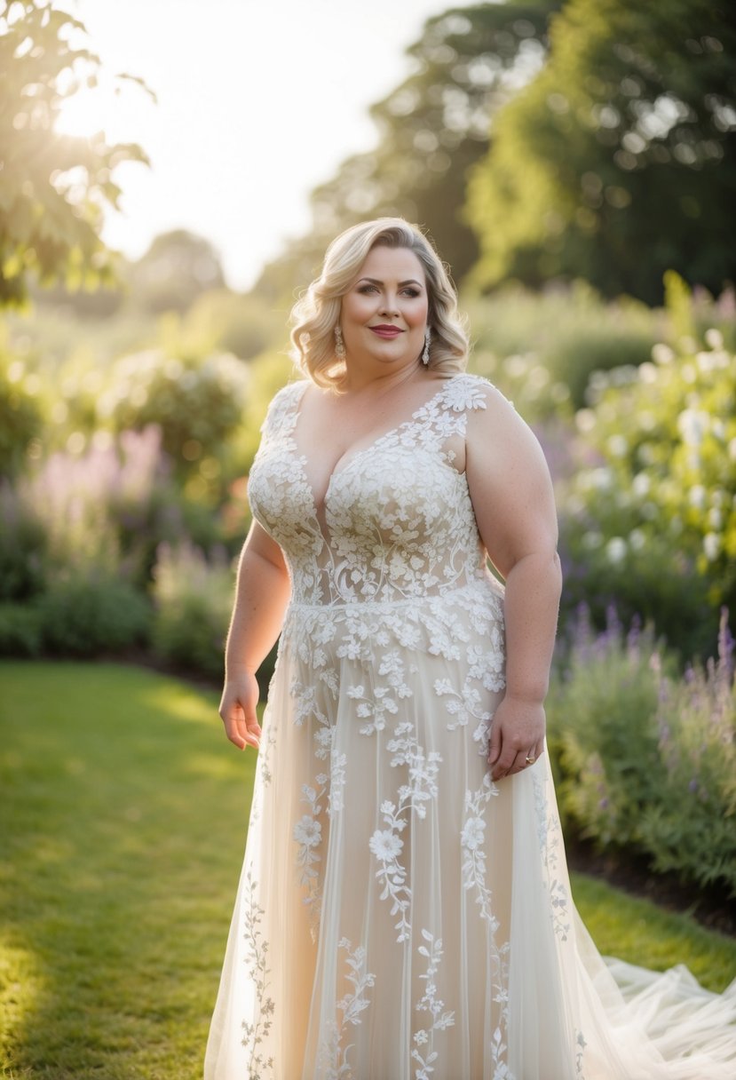 A curvy bride over 40 stands in a garden, wearing a floral-embroidered tulle dress. The sunlight filters through the delicate fabric, creating a romantic and ethereal atmosphere