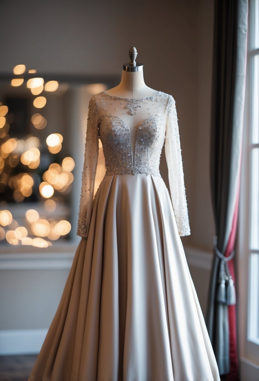 An elegant long sleeve gown displayed on a mannequin