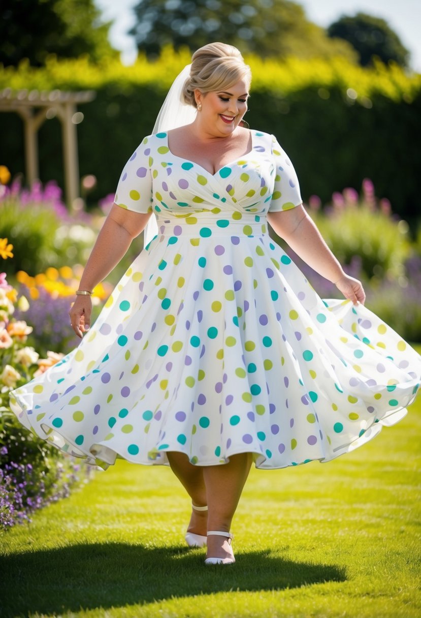 A curvy bride over 40 twirls in a playful polka dot tea-length dress, surrounded by colorful flowers and a sunny garden backdrop