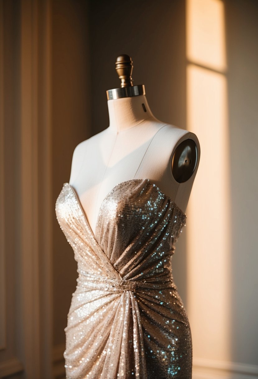 A shimmering sequin evening gown draped over a mannequin, with soft lighting casting a warm glow on the elegant curves and intricate detail