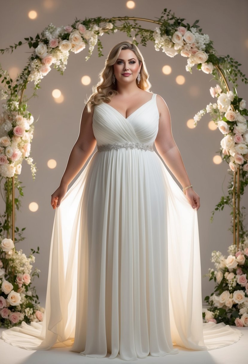 A curvy bride over 40 stands in a flowing chiffon column dress, surrounded by soft, romantic lighting and delicate floral accents