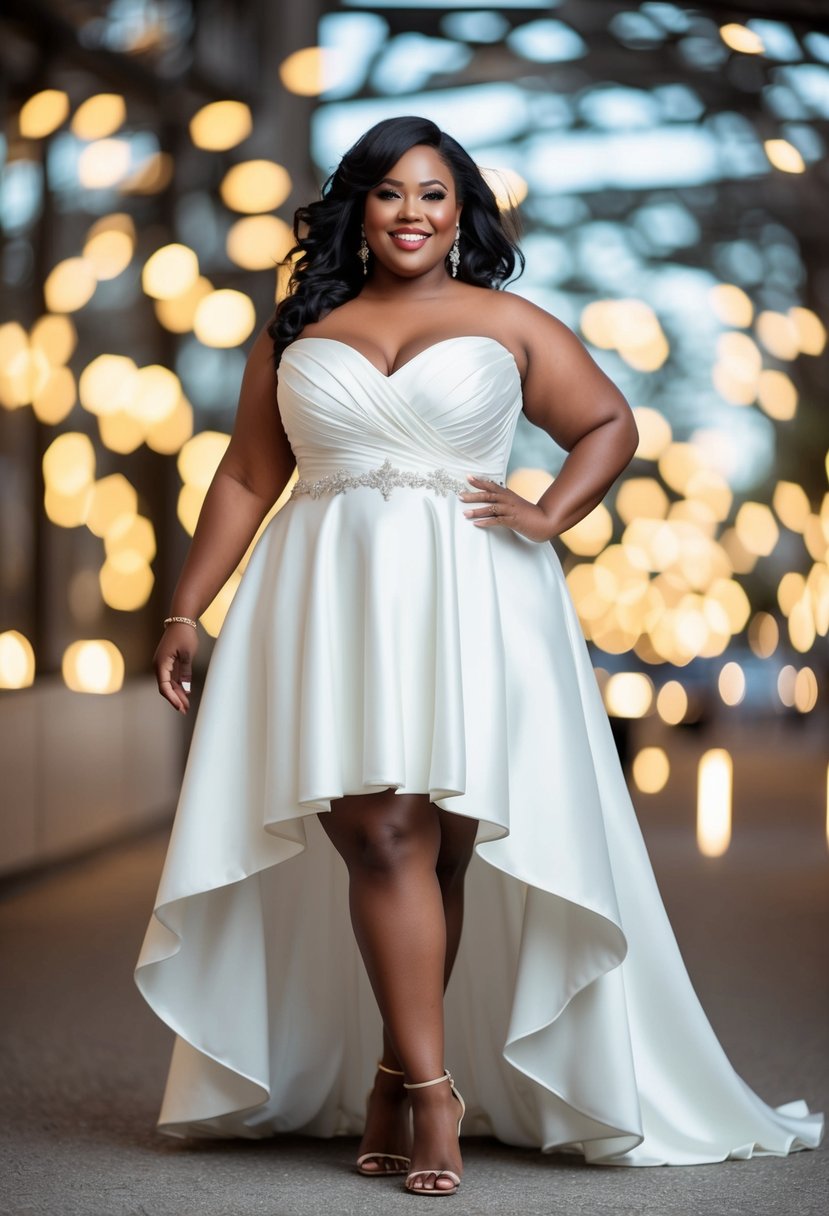 A curvy bride over 40 stands in a stylish high-low hem wedding dress, radiating confidence and elegance