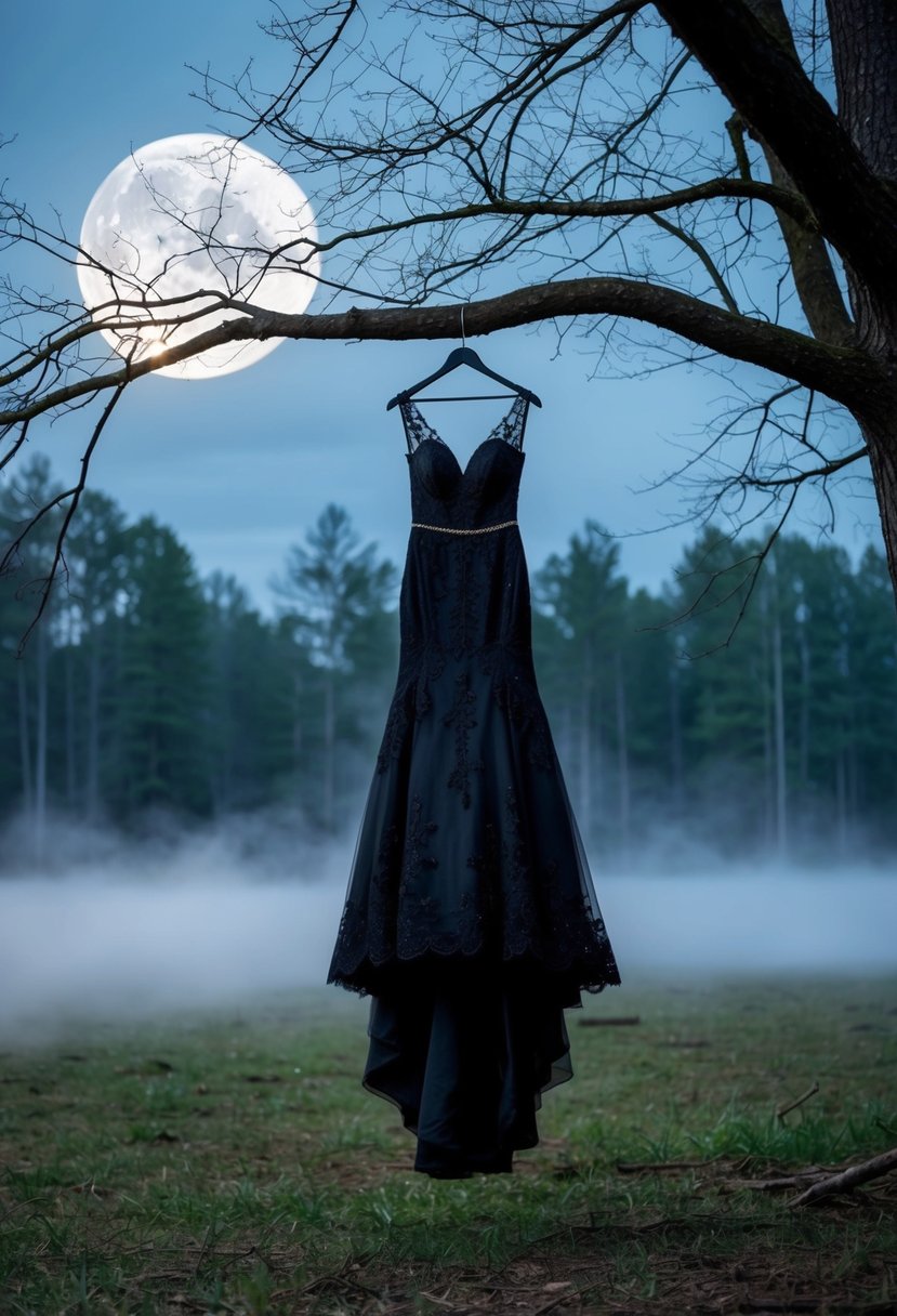 A moonlit forest clearing with a hauntingly beautiful black wedding dress hanging from a tree branch, surrounded by ethereal mist