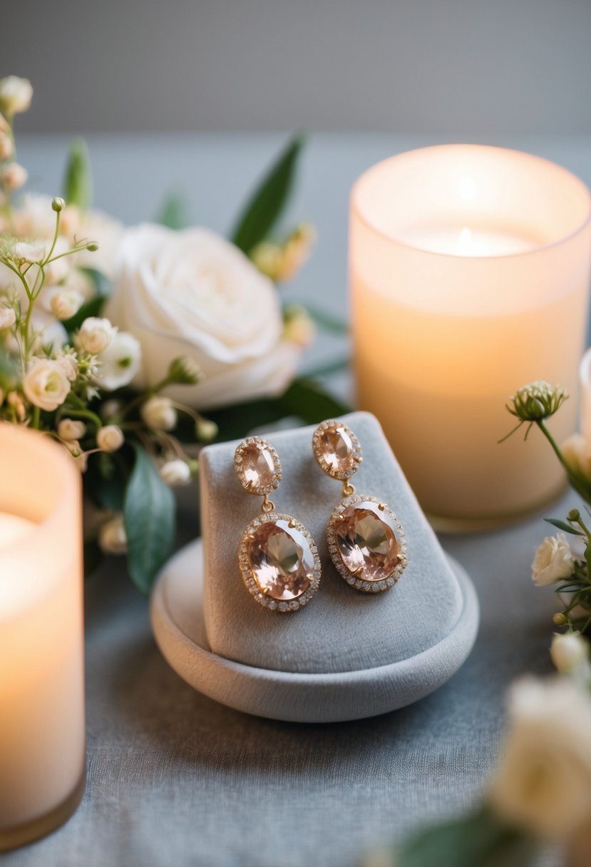 A pair of elegant champagne-colored wedding earrings displayed on a velvet cushion, surrounded by delicate floral arrangements and soft candlelight