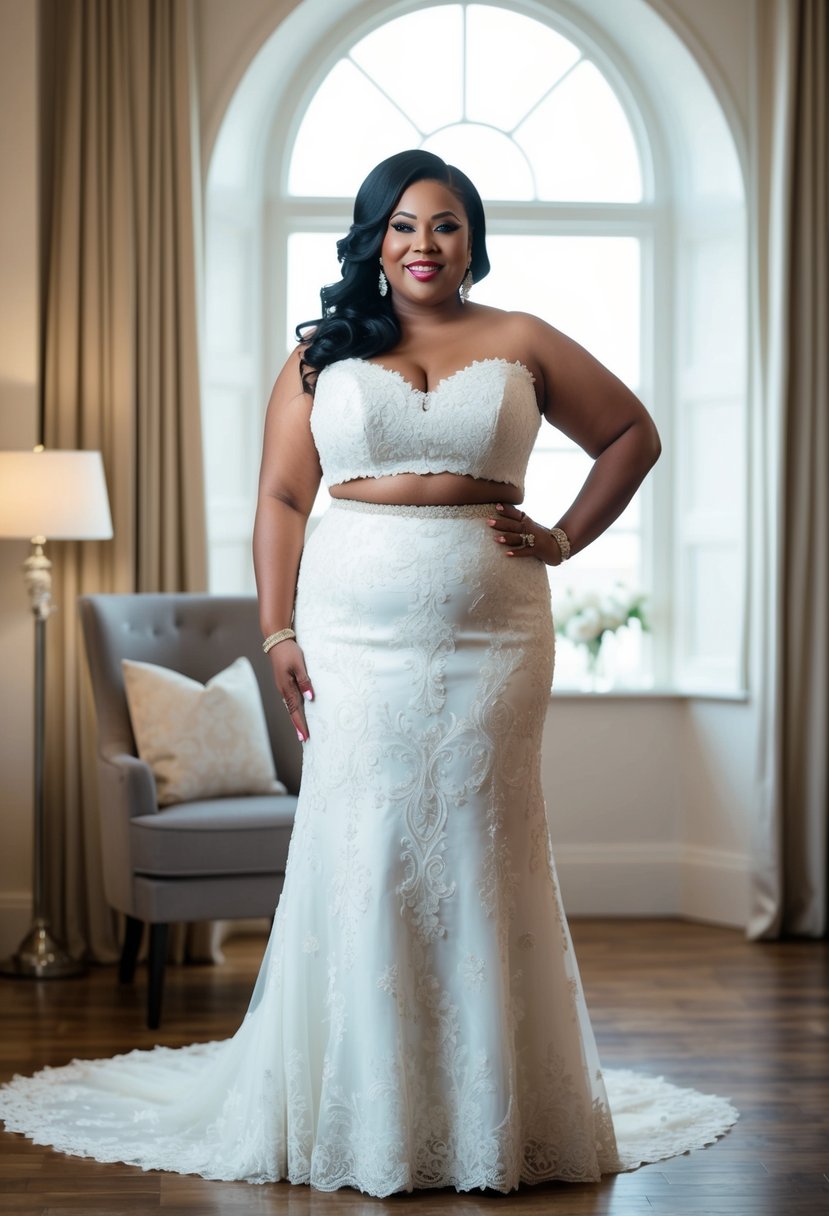 A curvy bride over 40 stands in a chic two-piece bridal ensemble, exuding confidence and elegance on her wedding day