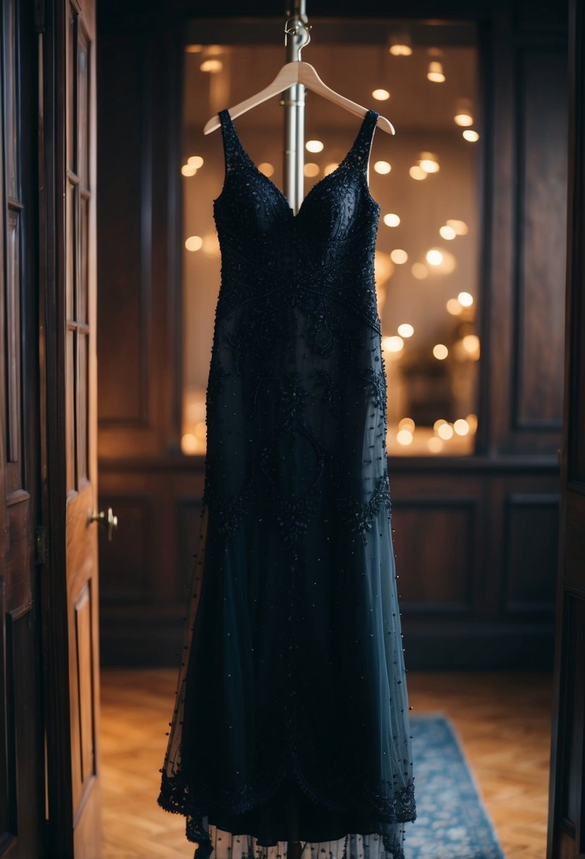 A black lace and beaded gown hangs on a vintage dress form in a dimly lit room