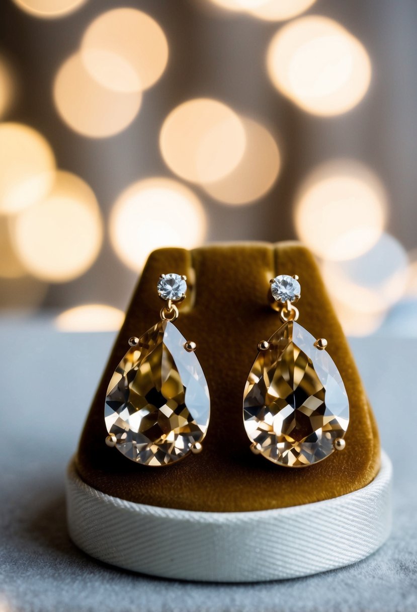 A pair of pear-shaped champagne crystal earrings displayed on a velvet cushion, with soft lighting to highlight their sparkle