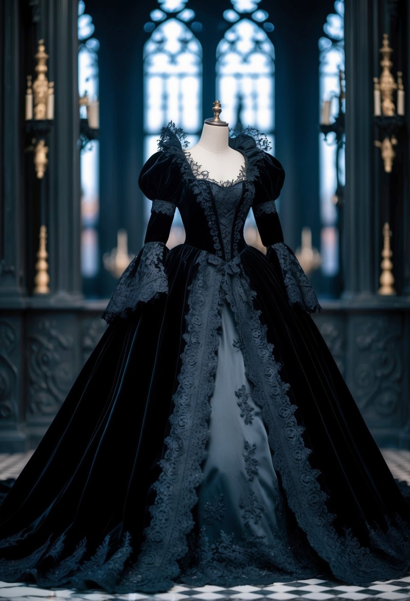 A grand gothic ball gown drapes in black, adorned with intricate lace and velvet details, set against a backdrop of ornate, darkened architecture