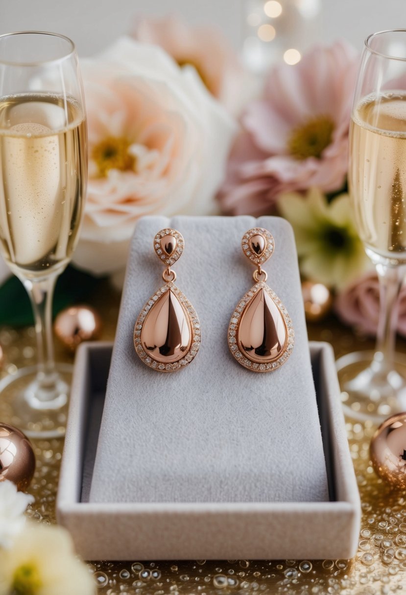 Rose gold teardrop earrings glisten on a velvet display, surrounded by delicate champagne bubbles and floral accents