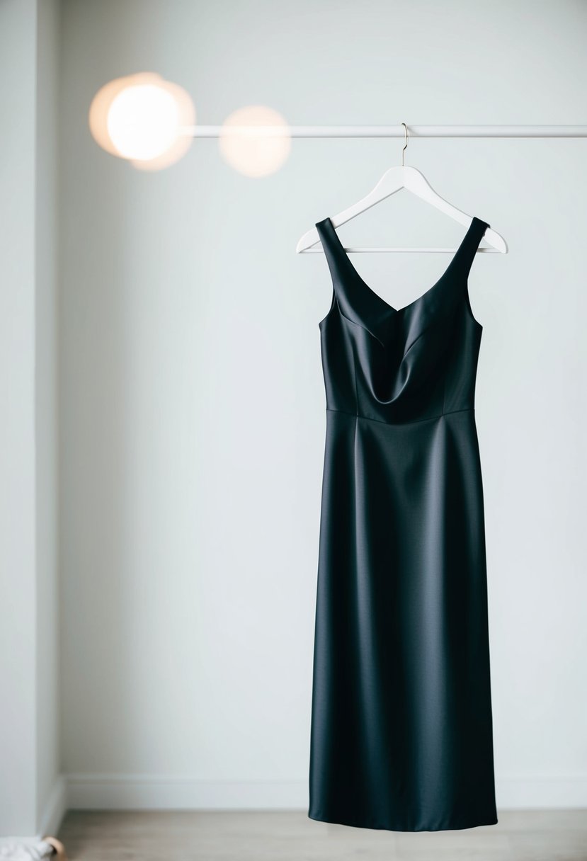 A sleek black silk dress hangs on a minimalist white hanger against a clean, white background