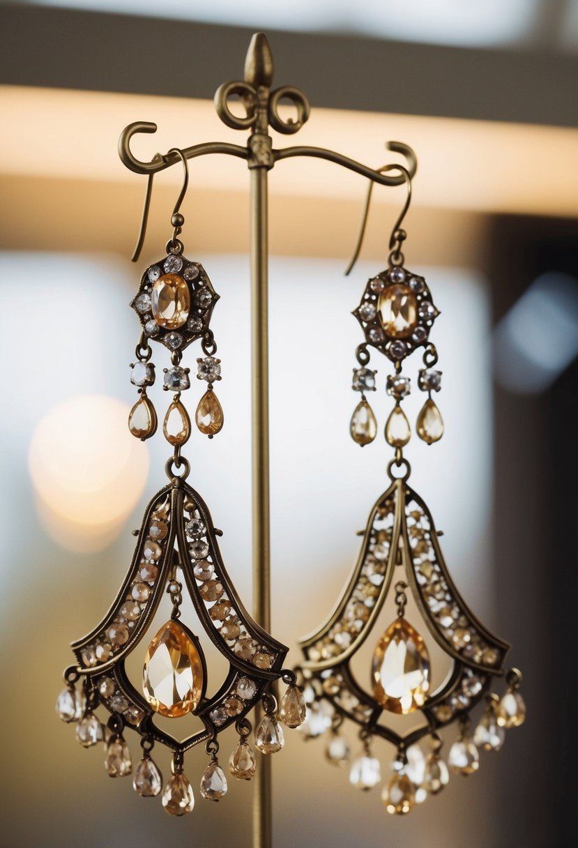 A pair of vintage champagne chandelier earrings hanging from a delicate stand, with soft lighting highlighting their intricate design