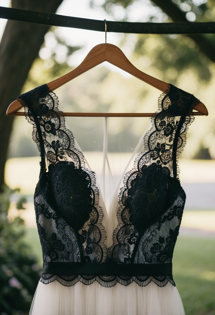 A vintage black lace wedding dress hangs on a wooden hanger, with delicate lace details and a flowing silhouette