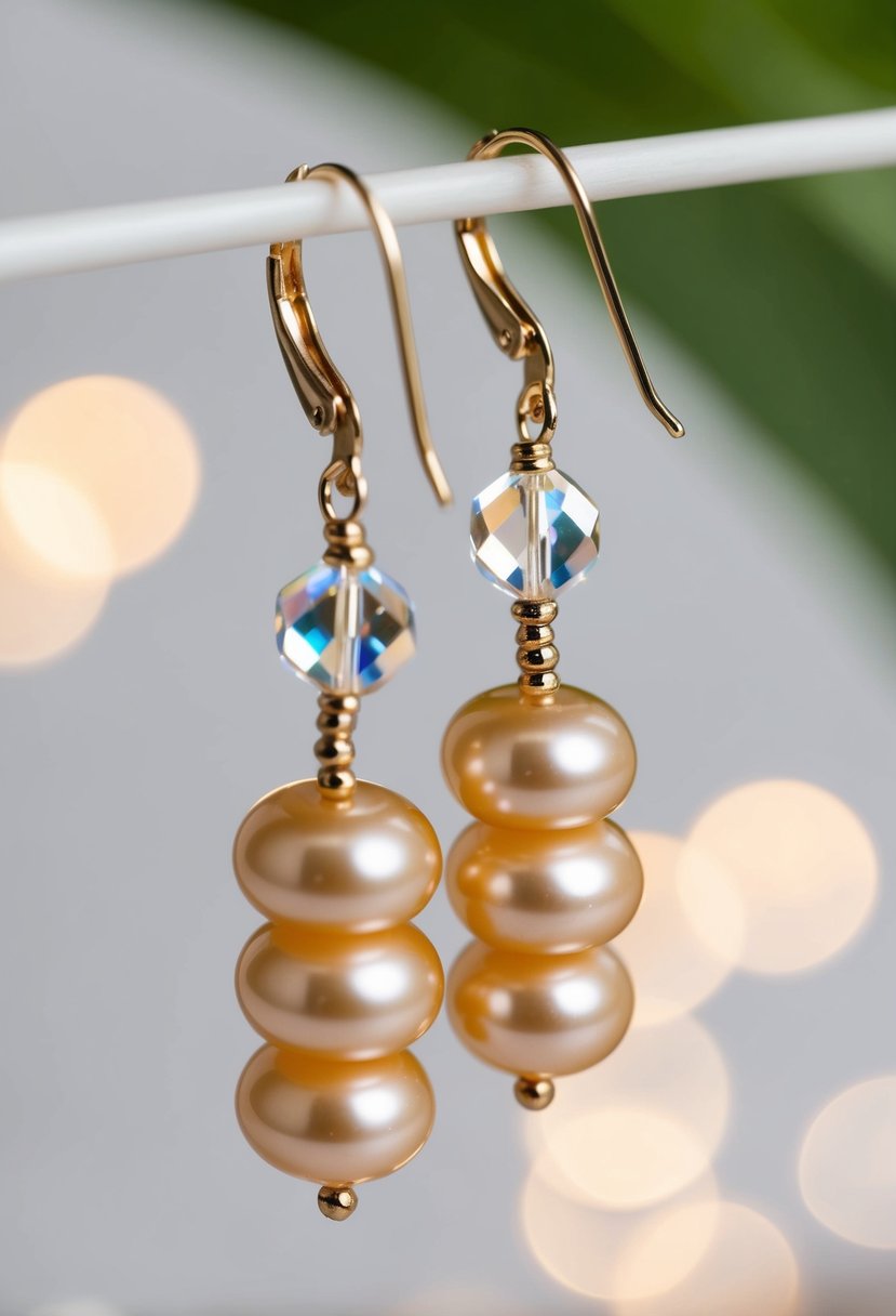 A pair of champagne-colored beaded earrings dangle from a crystal pearl, catching the light and shimmering delicately