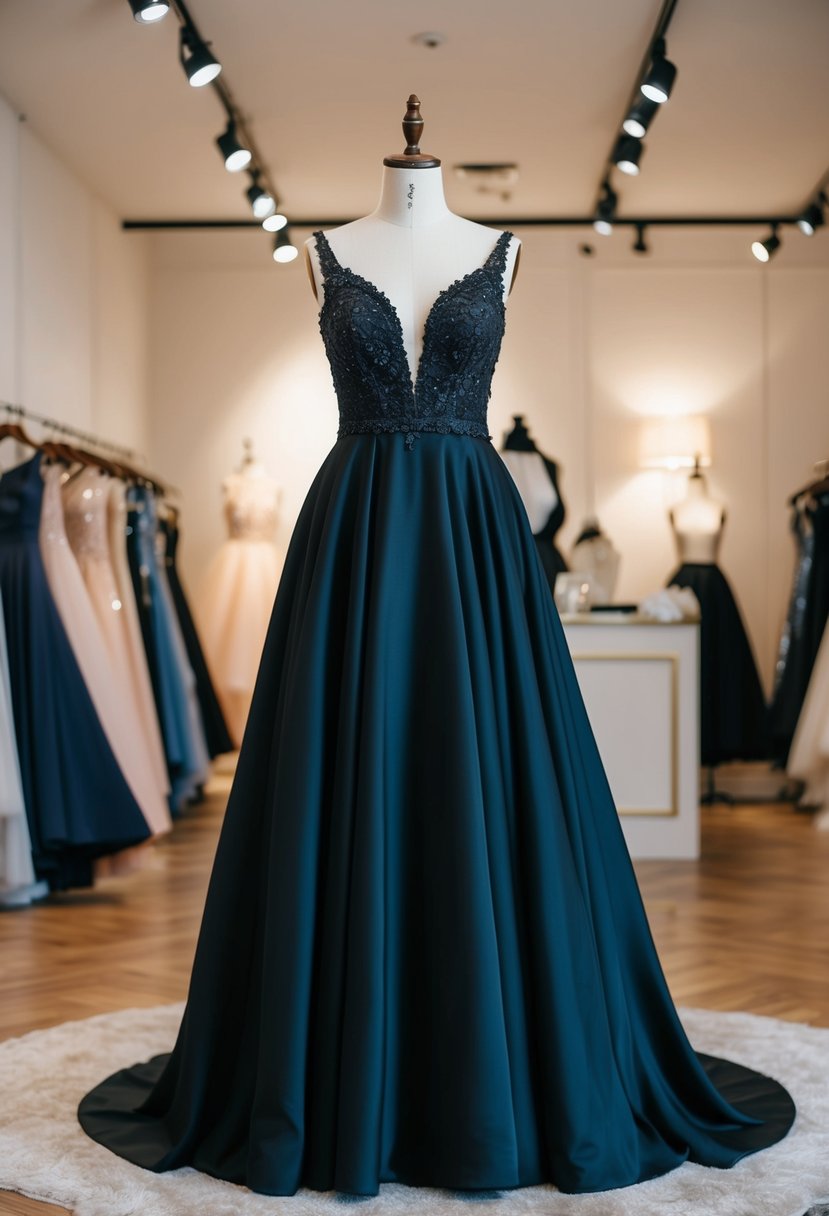 A black A-line bridal gown displayed on a mannequin in a softly lit boutique showroom