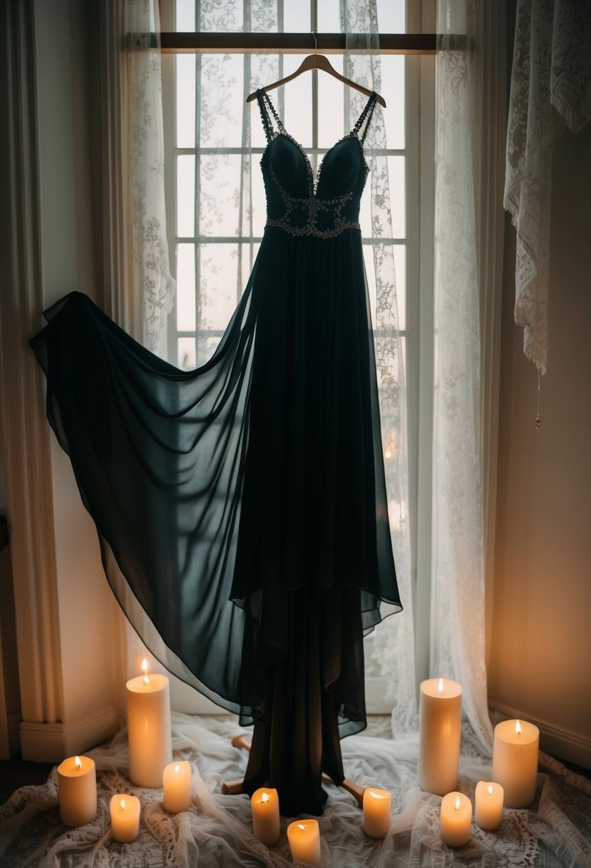 A flowing chiffon black wedding dress hanging on a vintage-style dress form, surrounded by dimly lit candles and delicate lace fabric