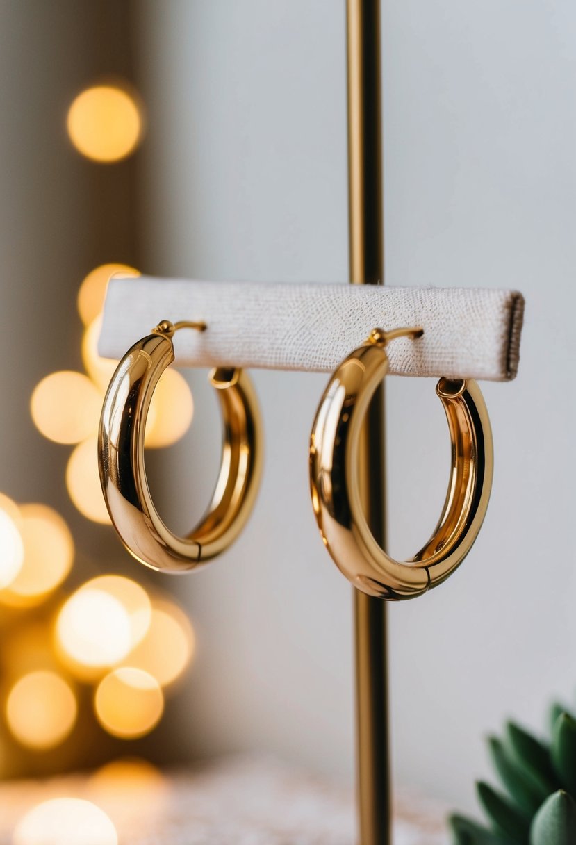 A pair of gold champagne hoop earrings displayed on a velvet cushion with soft lighting