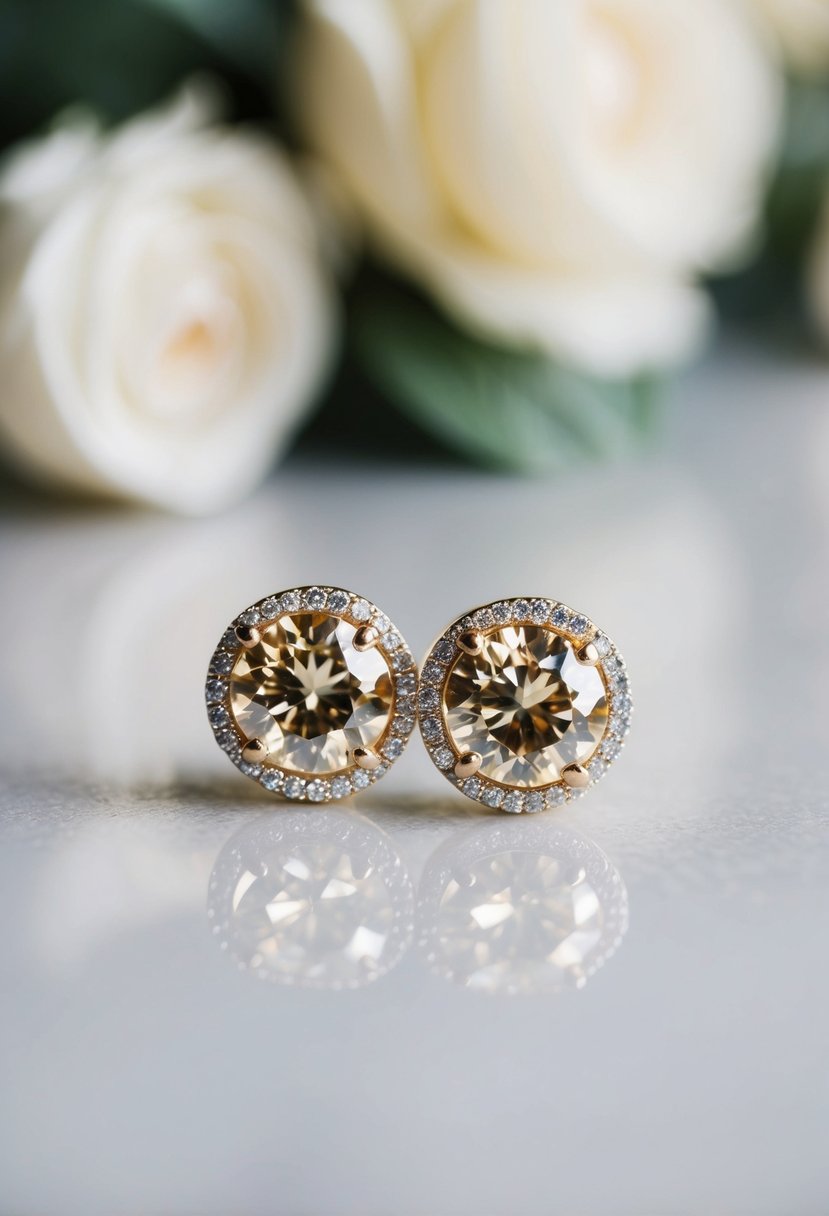 A sparkling pair of champagne stud earrings, delicately crafted with intricate details, catching the light in a romantic wedding setting