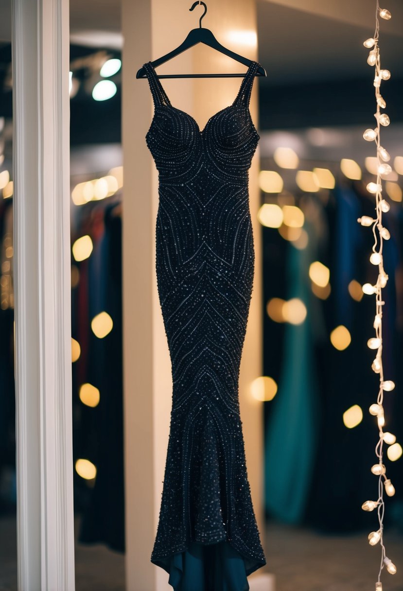 A beaded black mermaid dress hanging on a mannequin, shimmering under soft lighting