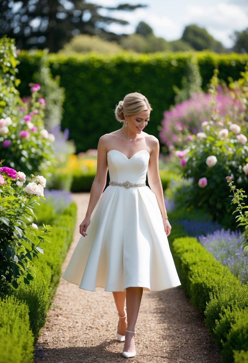 A bride in a knee-length wedding dress walks through a garden, surrounded by blooming flowers and lush greenery