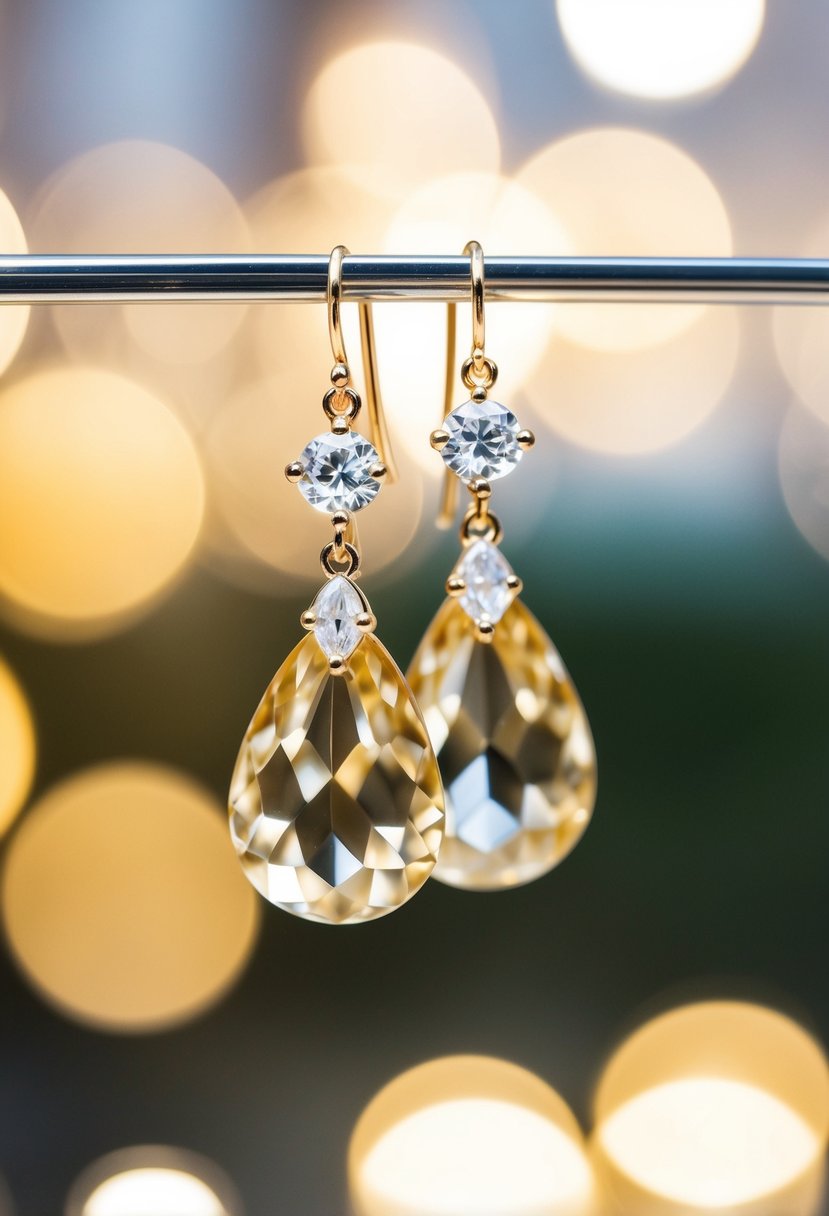 A pair of delicate champagne dangle earrings hanging from a display, catching the light and sparkling with elegance