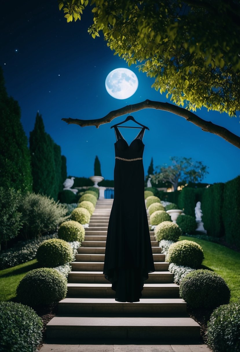 A moonlit garden with a cascading staircase, where a lone black gown hangs from a tree branch