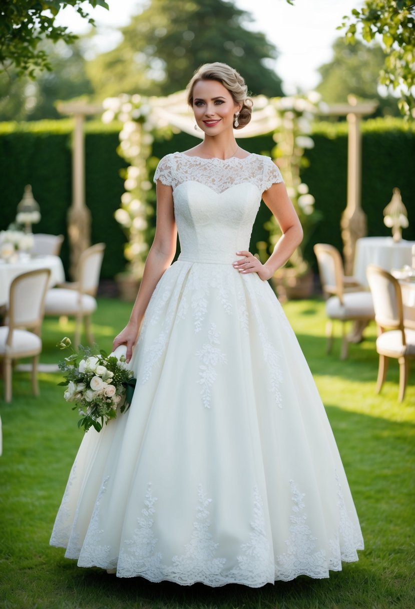 A bride standing in a garden wearing a tea-length lace wedding dress with a fitted bodice and a full skirt, surrounded by vintage-inspired décor