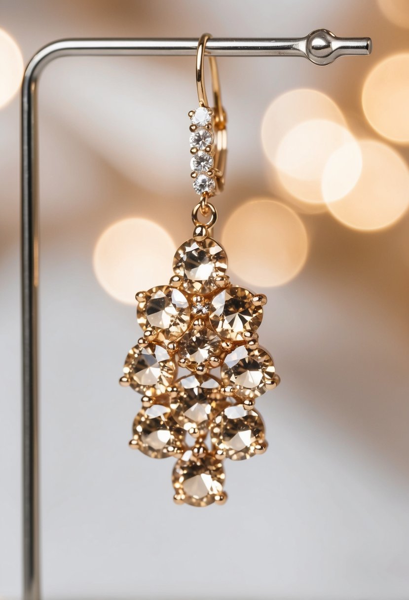 A sparkling champagne crystal cluster earring dangling from a delicate stand