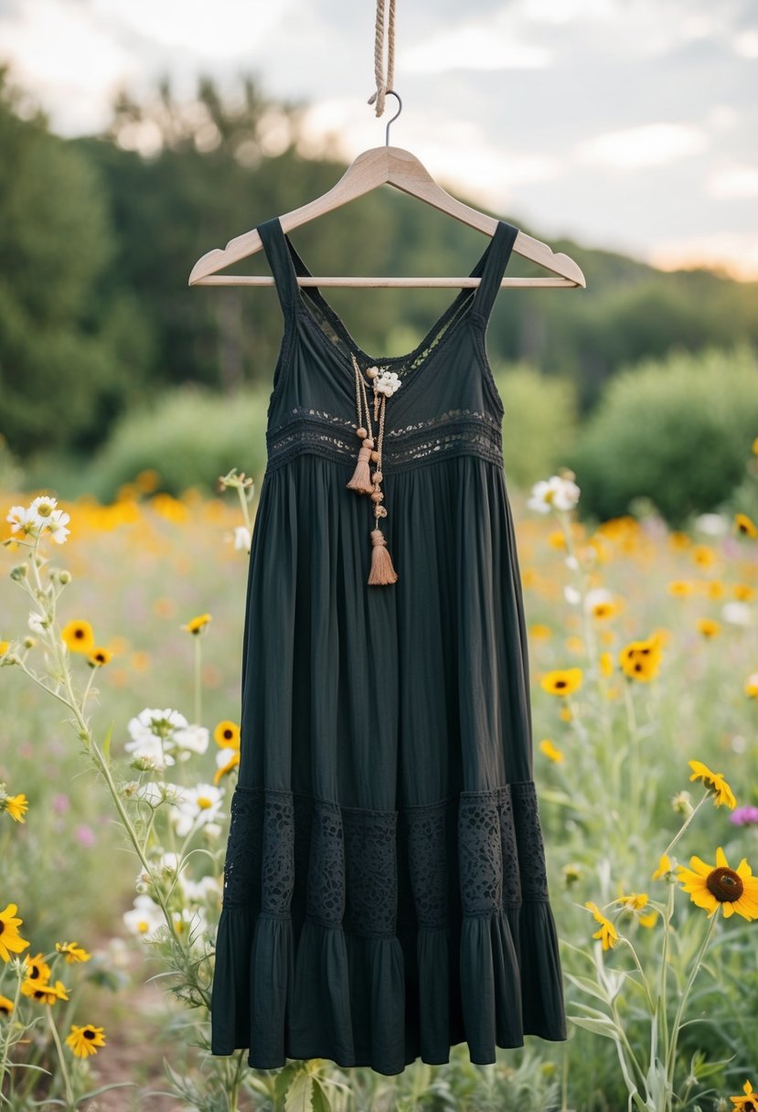 A rustic black bohemian dress hanging on a weathered wooden hanger, surrounded by wildflowers and vintage lace