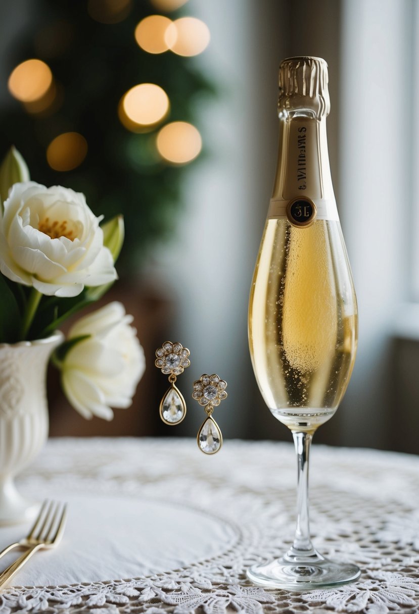 A sparkling glass of champagne sits next to elegant white gold drop earrings on a lace-trimmed table