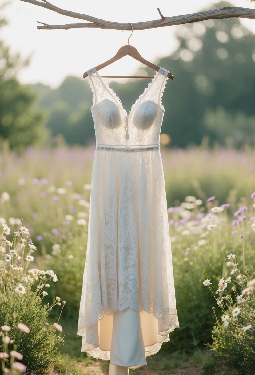 A bohemian lace delight knee-length wedding dress hangs on a vintage wooden hanger, surrounded by delicate wildflowers and ethereal lighting