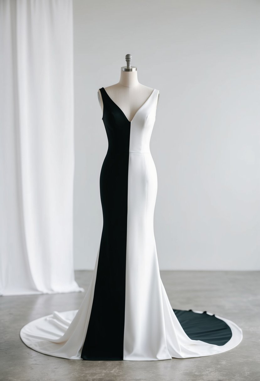 A sleek, modern black and white bridal gown displayed on a minimalist mannequin against a clean, white backdrop