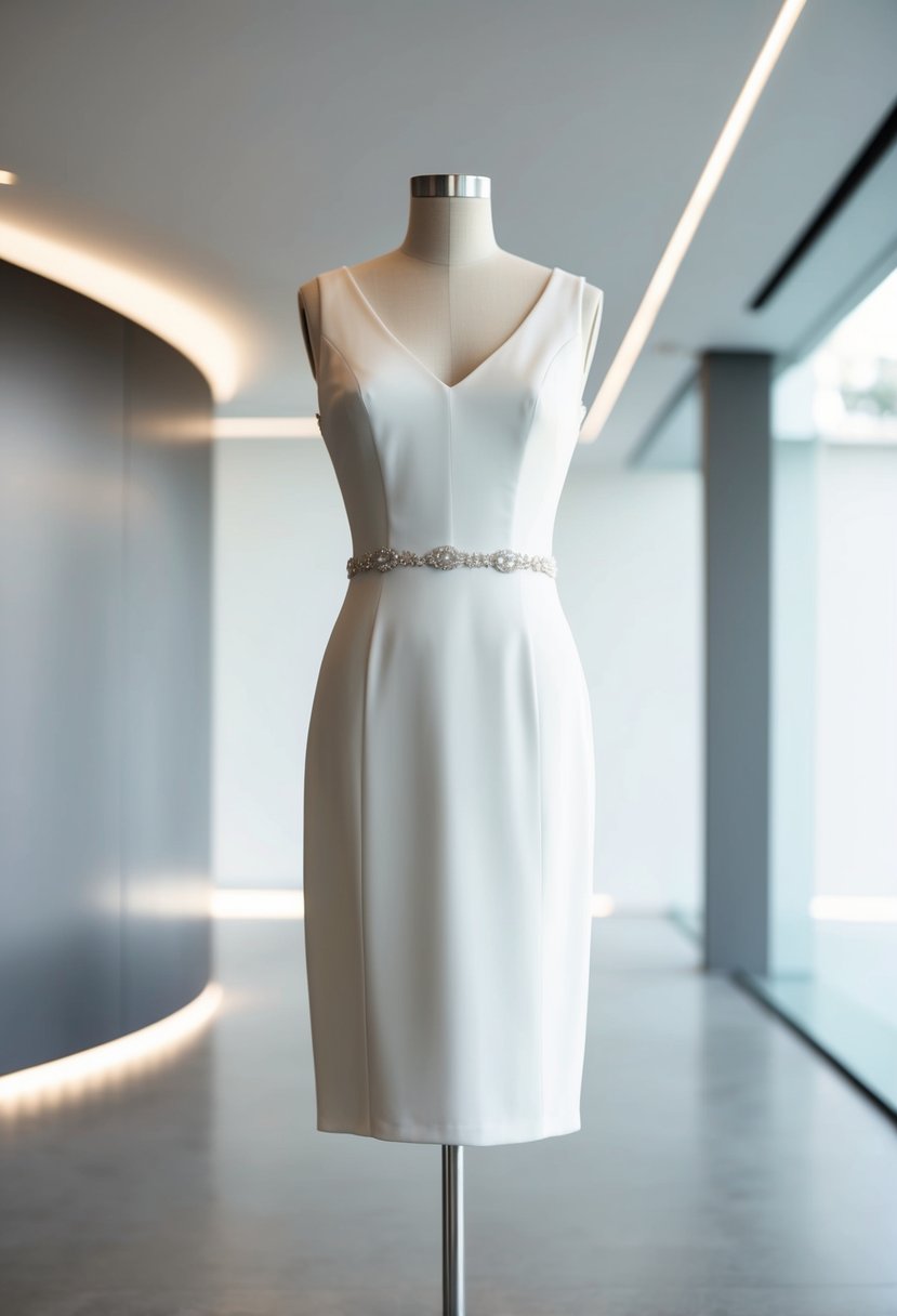 A sleek, knee-length wedding dress with clean lines and minimal embellishments, set against a backdrop of a contemporary, minimalist wedding venue