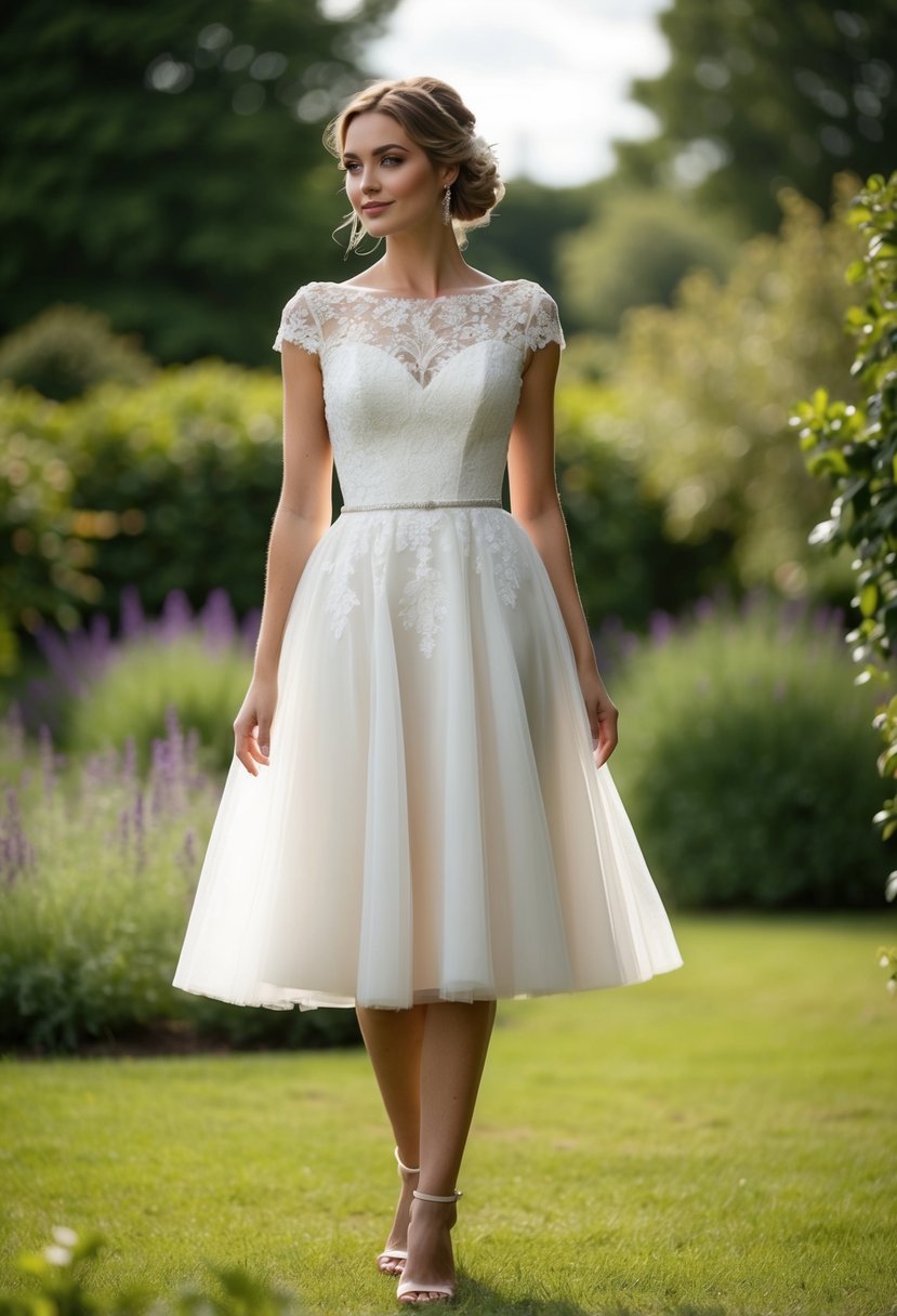 A bride stands in a garden, wearing a knee-length A-line wedding dress with delicate lace detailing and a flowing tulle skirt