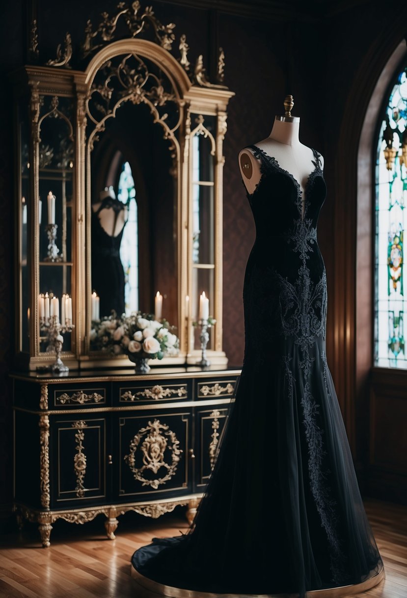 A dimly lit room adorned with ornate Gothic furnishings, a black wedding dress with intricate lace and velvet details displayed on a mannequin