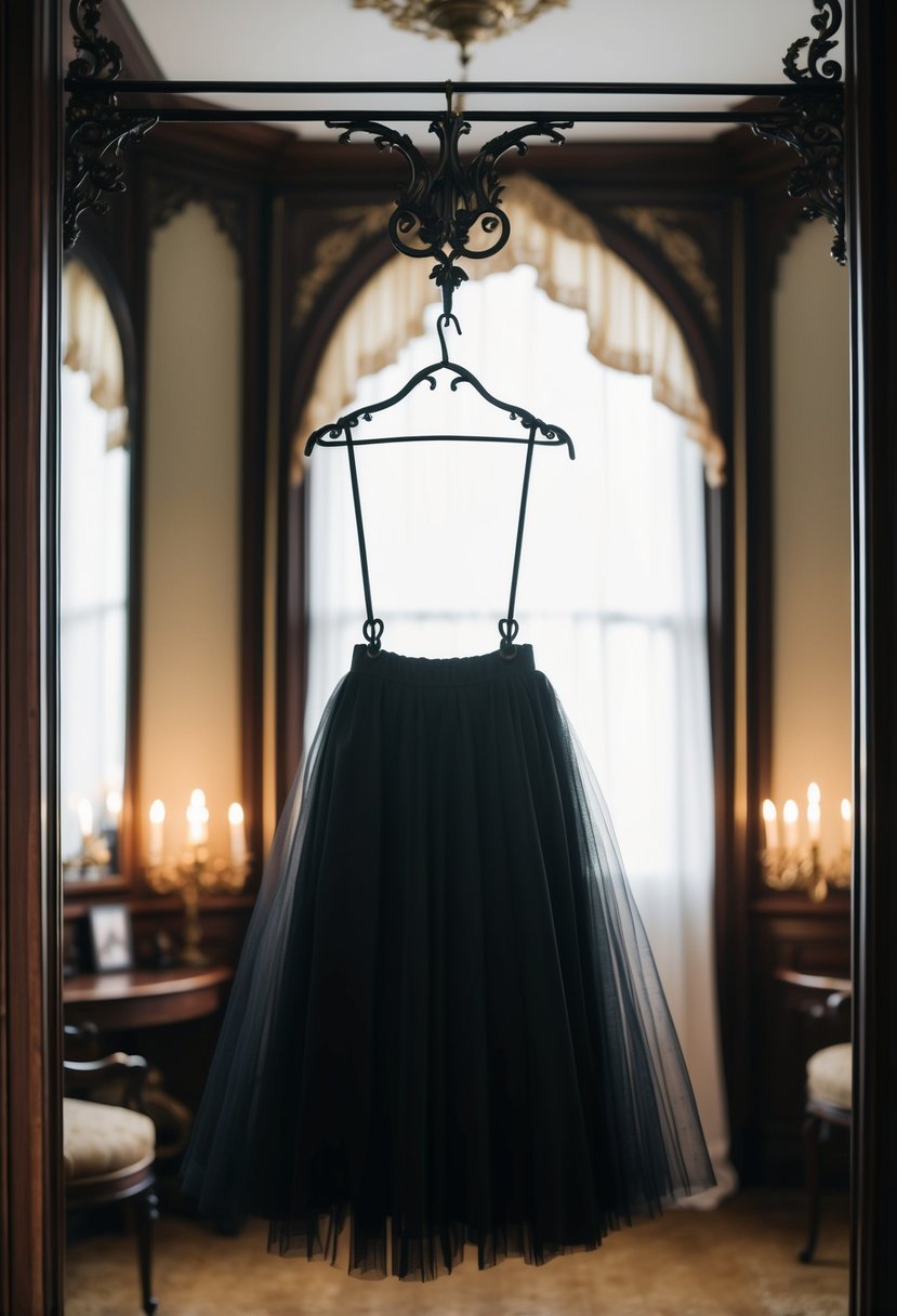 A black gothic tulle skirt dress hanging from a wrought iron hanger in a dimly lit, ornate Victorian-style dressing room