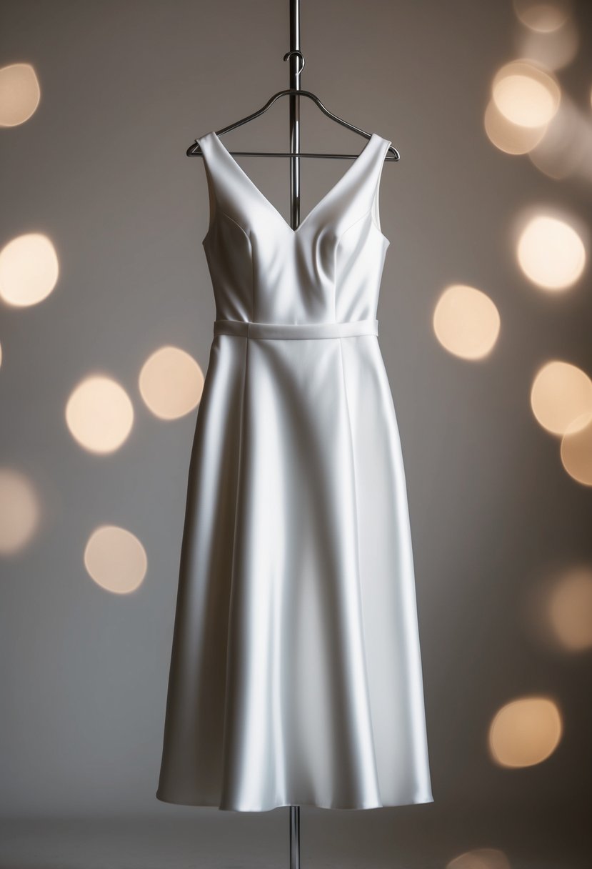 A satin wedding dress hangs on a sleek, modern mannequin. Its knee-length simplicity exudes elegance and grace