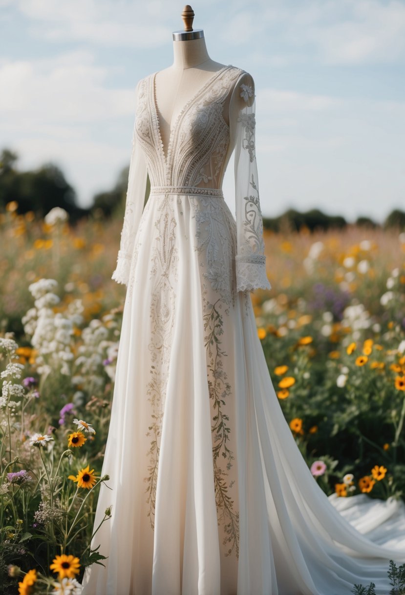 A bohemian chic wedding dress with intricate embroidery, flowing to knee length, set against a backdrop of wildflowers and vintage lace