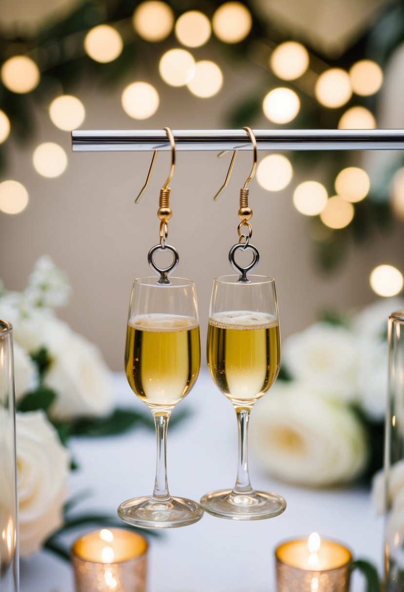 A pair of champagne wine glass dangle earrings hanging from a display, surrounded by elegant wedding decor and soft lighting