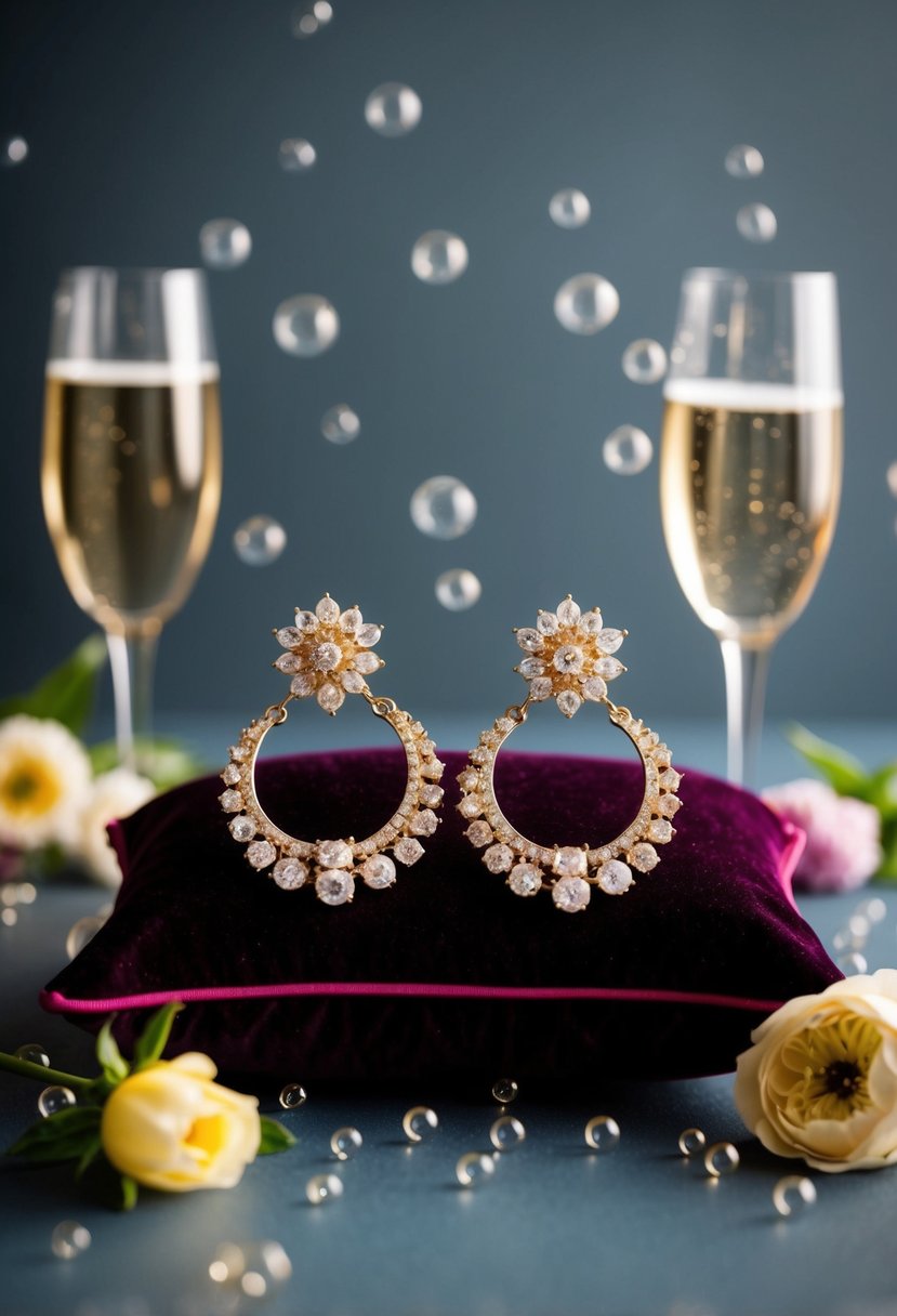 A pair of vintage champagne earrings displayed on a velvet pillow, surrounded by sparkling champagne bubbles and elegant floral accents