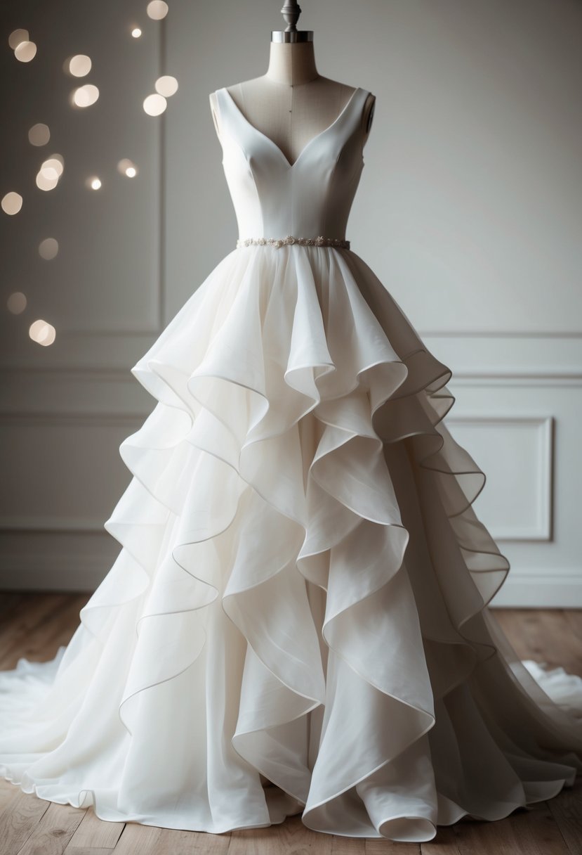 A flowing knee-length wedding dress with delicate romantic ruffles cascading down the skirt, creating a soft and elegant silhouette