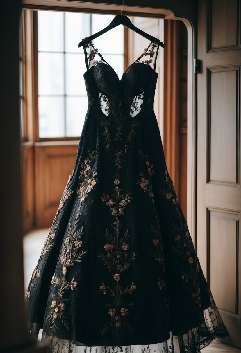 A black wedding dress adorned with intricate floral embroidery hangs on a vintage-style dress form in a dimly lit room