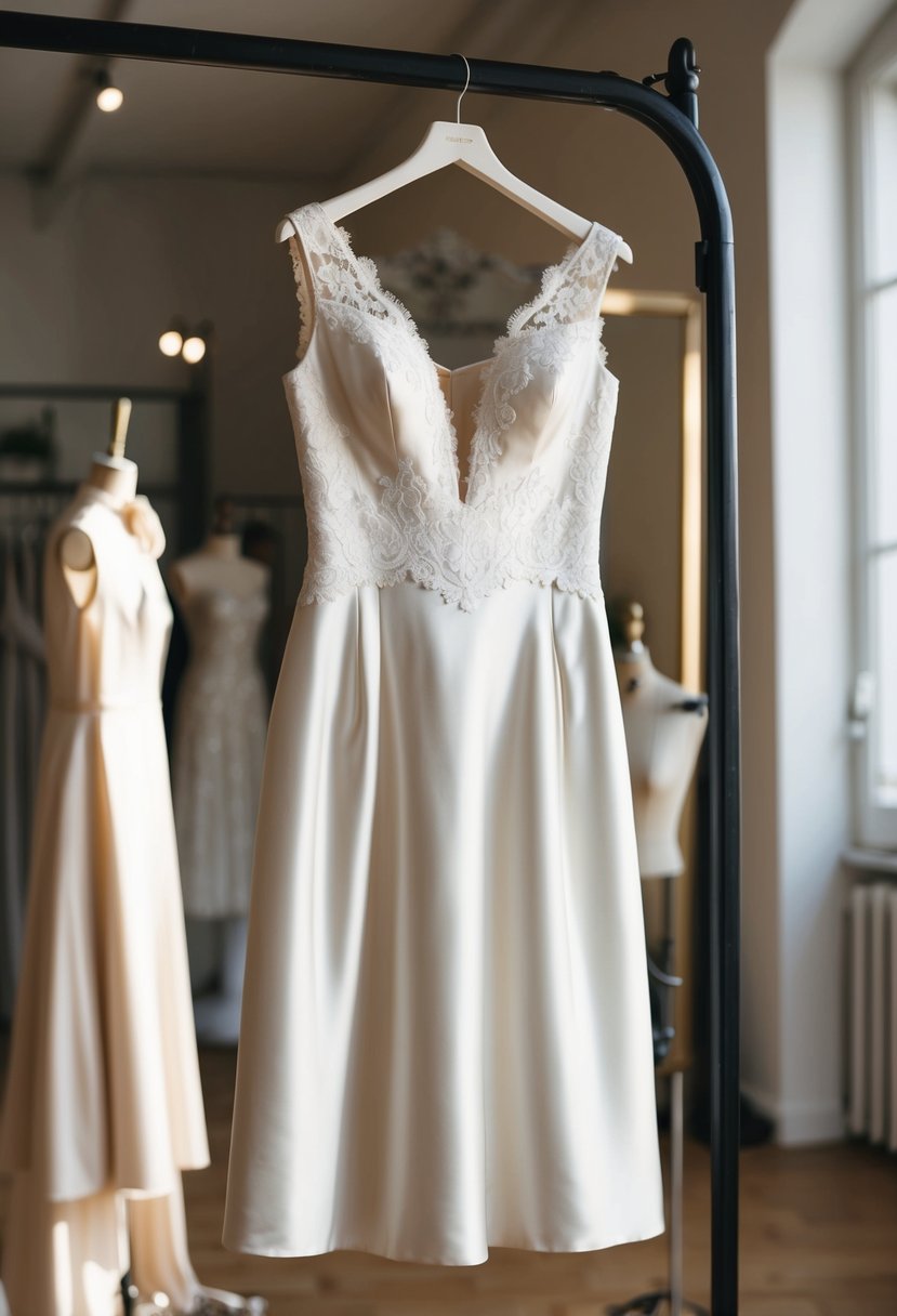 A sleek, ivory silk knee-length wedding dress with delicate lace detailing, hanging on a vintage-inspired dress form in a sunlit atelier