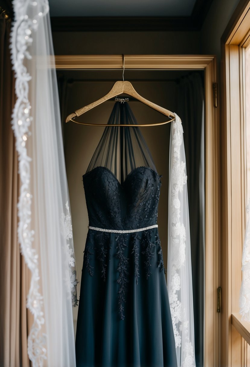 A high-neck black wedding gown hangs from a vintage brass hanger in a dimly lit dressing room, surrounded by delicate lace veils and sparkling accessories