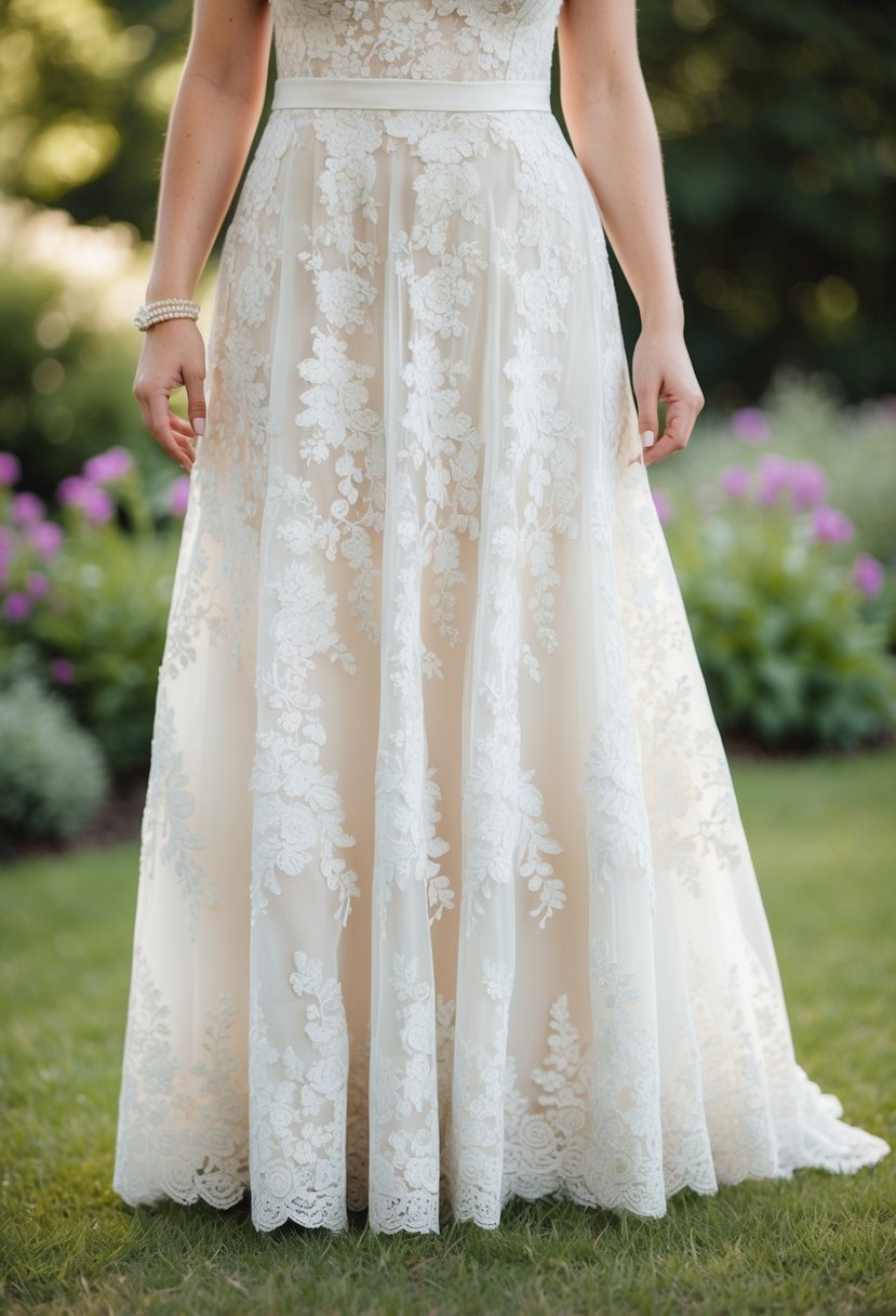 A delicate lace wedding dress with floral patterns, reaching the knees, set against a serene garden backdrop